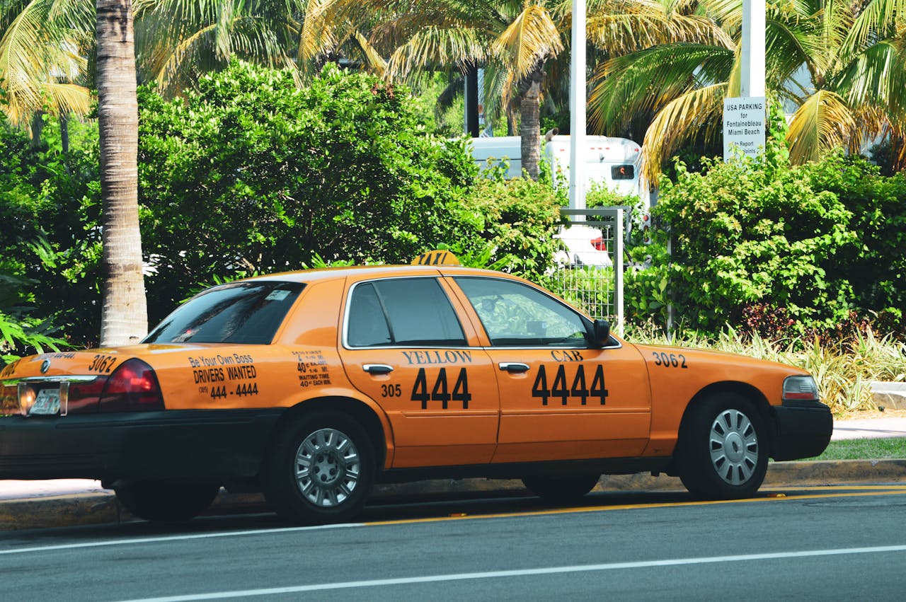 A yellow taxi cab parked on a sunny street in Miami, Florida, surrounded by lush palm trees and vibrant greenery.